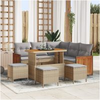 9-delat trädgårdsofa-set med kuddar beige poly rotting akacia vidaXL