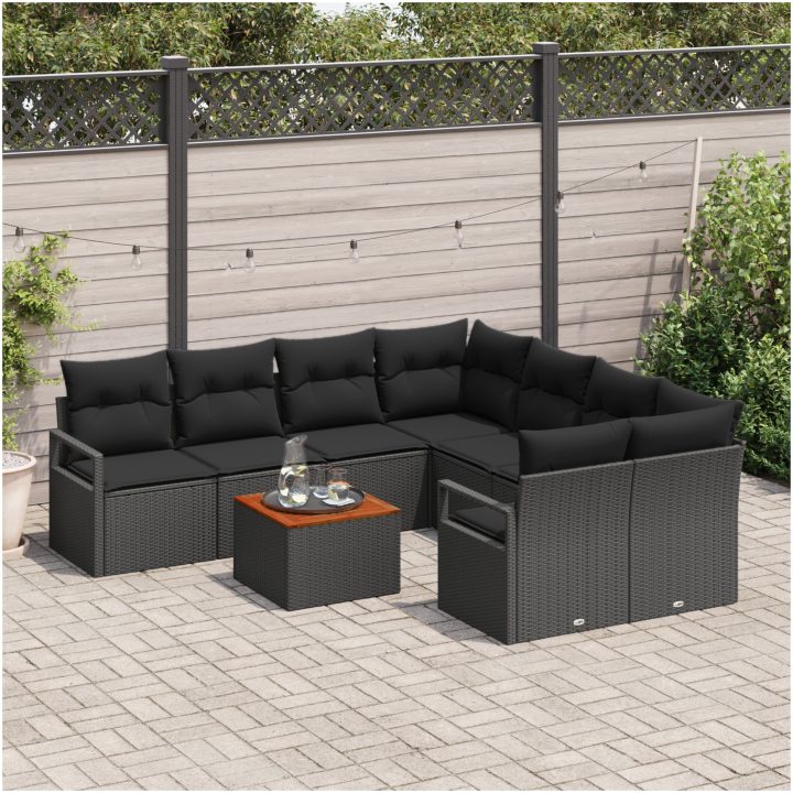 9-delat Trädgårdsofa Set med Kuddar Svart Poly Rattan Akacia vidaXL Stort – bild 3