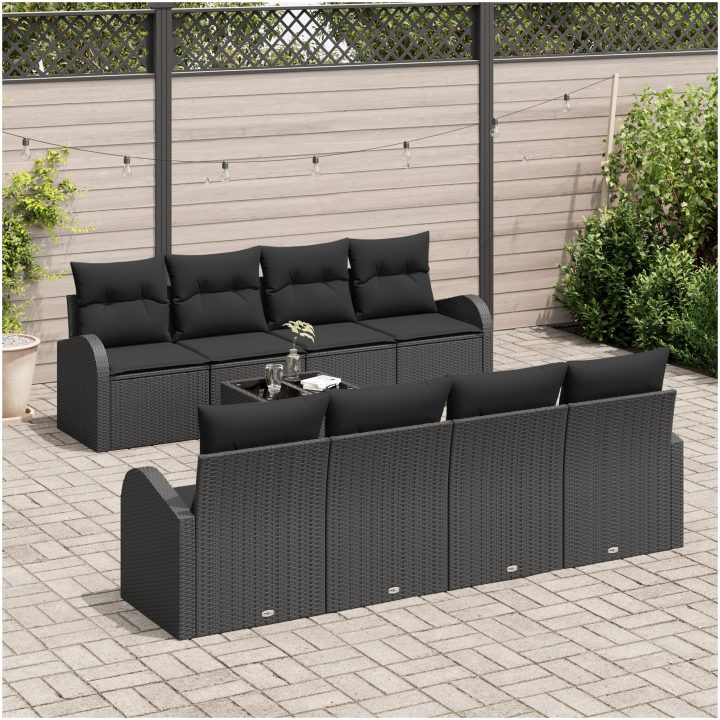 9-delat Trädgårdsofa set med kuddar svart poly rotting vidaXL 55 x 55 x 37 cm – bild 3