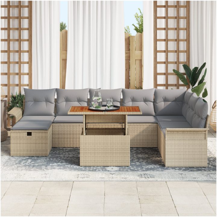 9-delat Trädgårdsofaset med kuddar beige poly rotting vidaXL Stor – bild 3