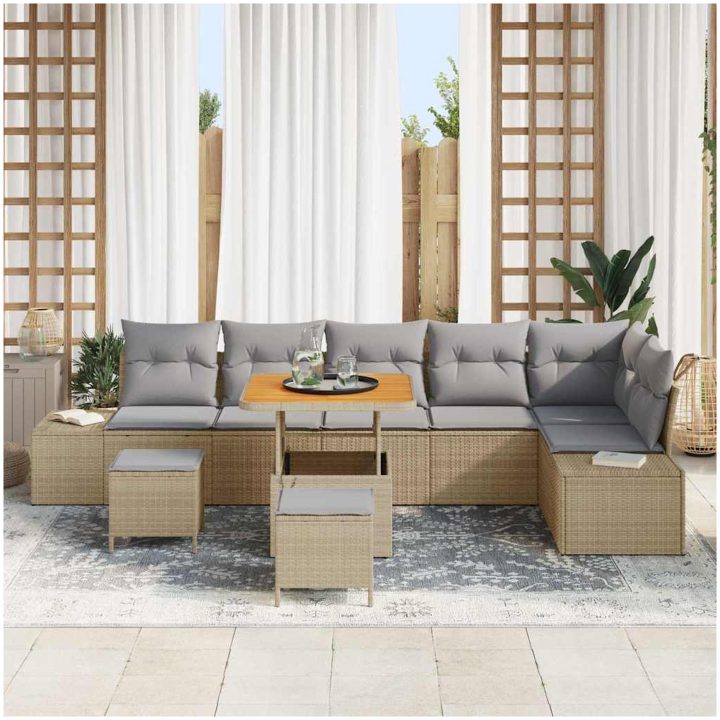 9-delat trädgårdsoff-set med kuddar beige poly rattan akacia vidaXL 80 x 80 x 71 cm – bild 3