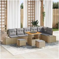 9-delat trädgårdsoff-set med kuddar beige poly rattan akacia vidaXL