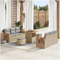 9-delat trädgårdsoff set med kuddar beige poly rattan akaciaträ vidaXL