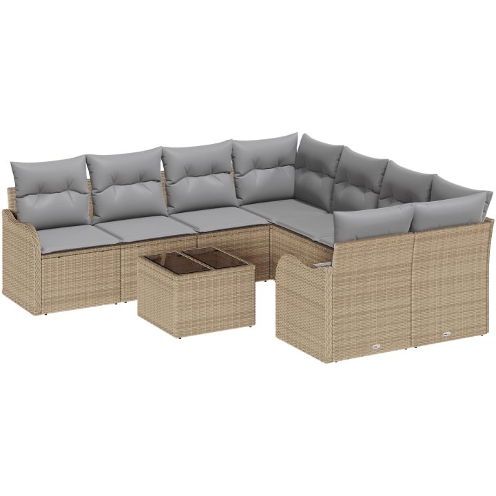 9-delat trädgårdsoff set med kuddar Beige Poly Rattan vidaXL Stor – bild 2
