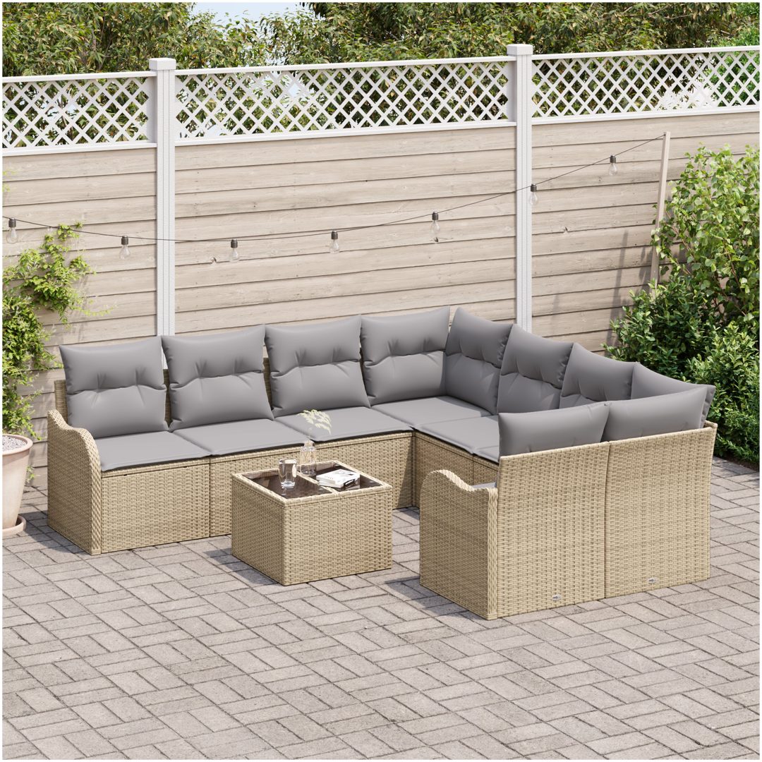9-delat trädgårdsoff set med kuddar Beige Poly Rattan vidaXL Stor – bild 3
