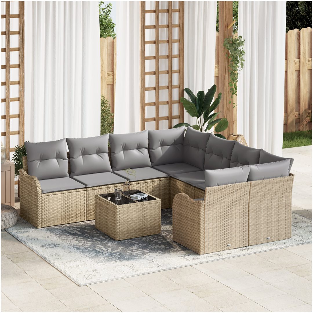 9-delat trädgårdsoff set med kuddar Beige Poly Rattan vidaXL Stor