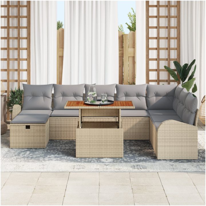9-delat Trädgårdsoff Set med Kuddar Beige Poly Rottning vidaXL Stor – bild 3