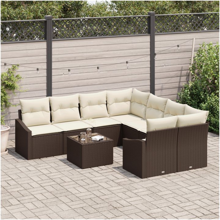 9-delat trädgårdsoff set med kuddar Brun Poly Rattan vidaXL 55 x 55 x 37 cm – bild 3