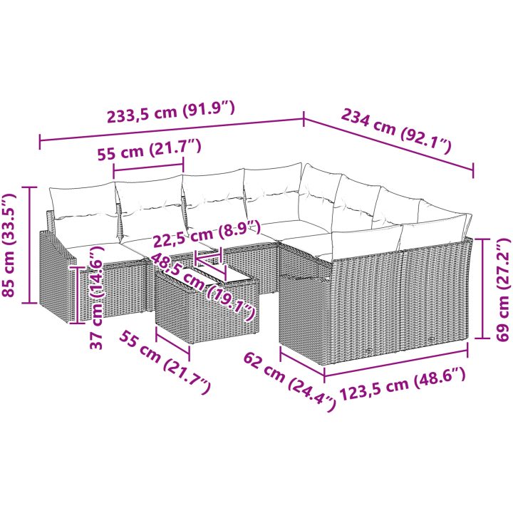 9-delat trädgårdsoff set med kuddar Brun Poly Rattan vidaXL 55 x 55 x 37 cm – bild 9