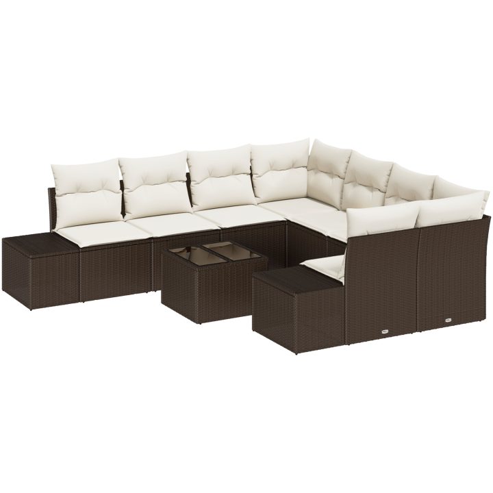 9-delat Trädgårdsoff set med kuddar Brun Polyrotting vidaXL 55 x 55 x 37 cm – bild 2