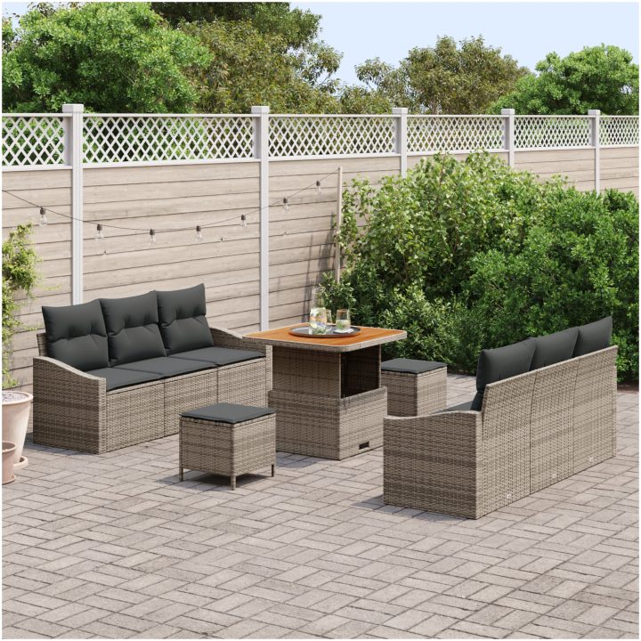 9-delat trädgårdsoff set med kuddar Grå Poly Rattan Akacia vidaXL Medium – bild 3