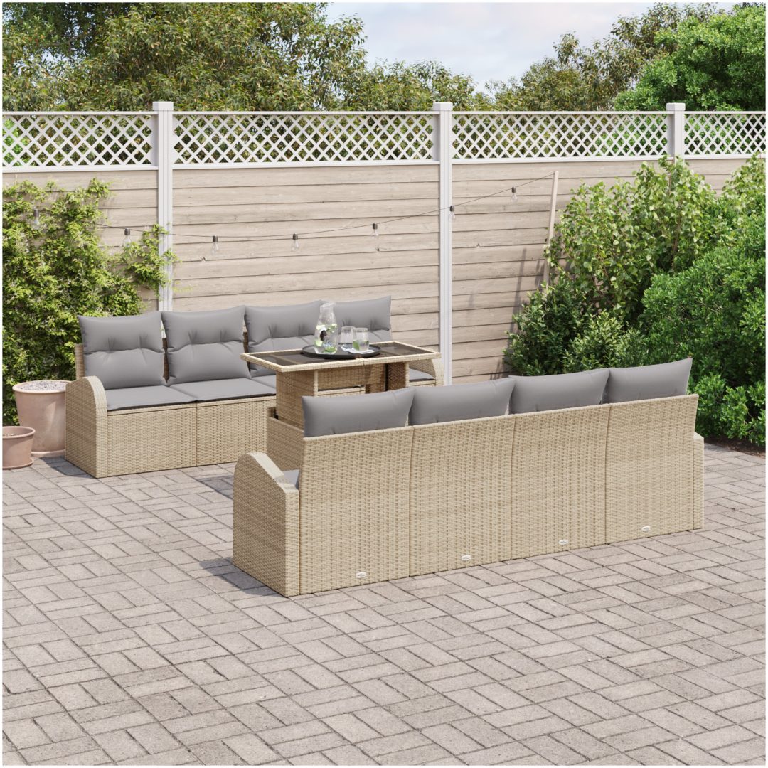 9-delat trädgårdsoff-set med kuddar i beige poly-rattan vidaXL 100 x 55 x 73 cm