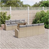 9-delat trädgårdsoff-set med kuddar i beige poly-rattan vidaXL