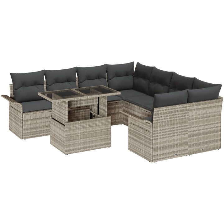 9-delat trädgårdsoff-set med kuddar i ljusgrå poly rattan vidaXL 100 x 55 x 73 cm – bild 2