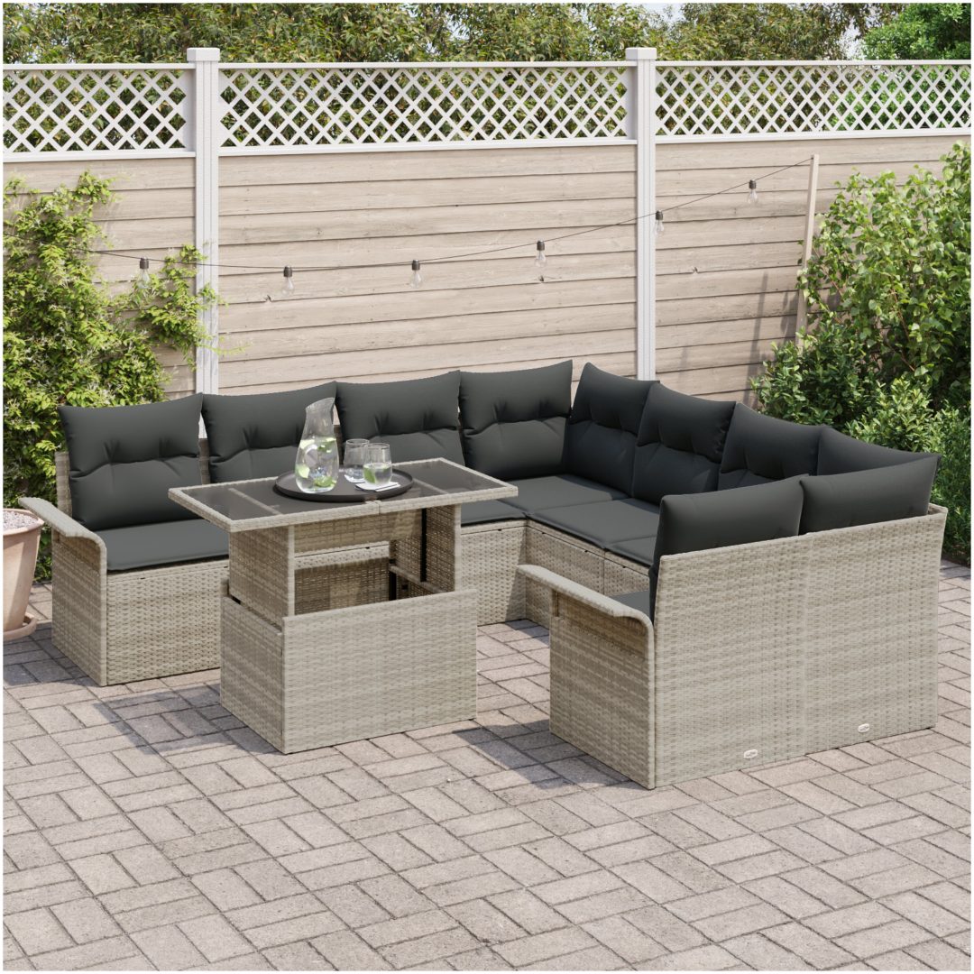 9-delat trädgårdsoff-set med kuddar i ljusgrå poly rattan vidaXL 100 x 55 x 73 cm – bild 3