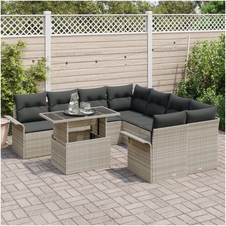 9-delat trädgårdsoff-set med kuddar i ljusgrå poly rattan vidaXL 100 x 55 x 73 cm – bild 3