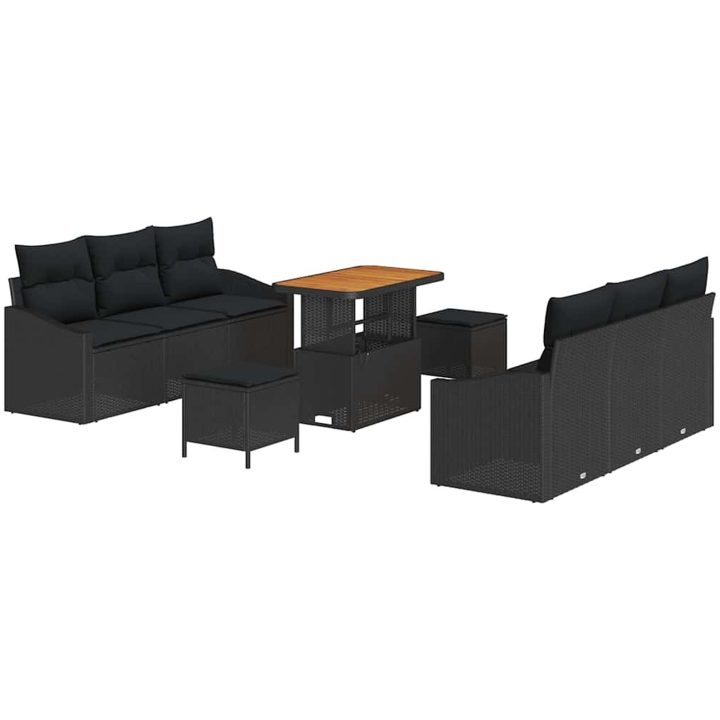 9-delat trädgårdsoff-set med kuddar Svart Poly Rattan Akacia vidaXL Medium – bild 2