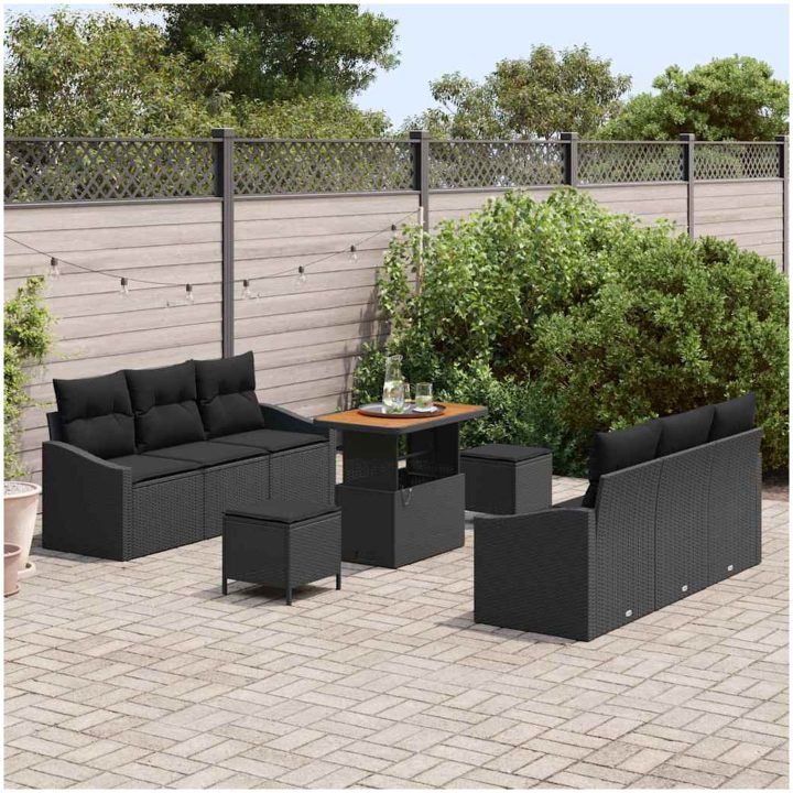 9-delat trädgårdsoff-set med kuddar Svart Poly Rattan Akacia vidaXL Medium – bild 3