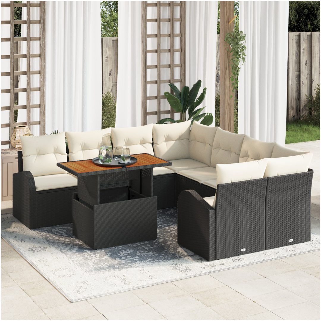9-delat trädgårdsoff set med kuddar svart poly rattan vidaXL Stort