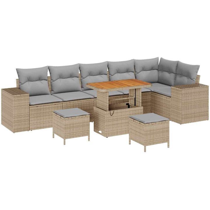 9-delat trädgårdsoffas med kuddar beige poly rattan akacia vidaXL Stor – bild 2