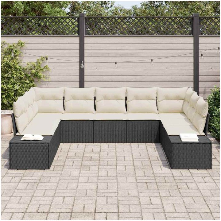 9-delat Trädgårdsoffasät med kuddar Svart Polyrotting vidaXL 289 x 209 x 85 cm – bild 3