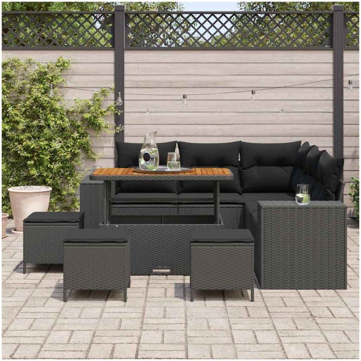 9-delat Trädgårdsoffaset med Dynor Svart Poly Rattan Akacia vidaXL Standard – bild 3