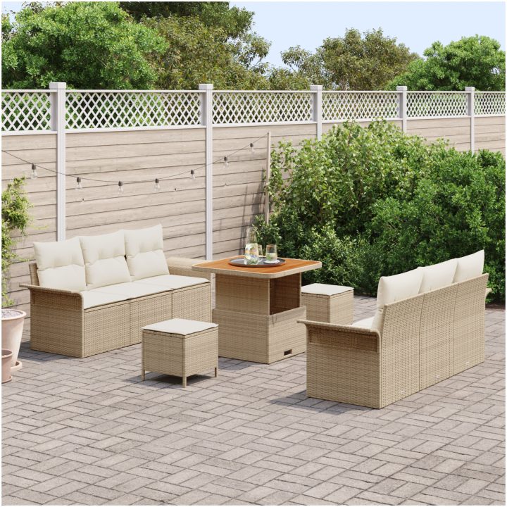 9-delat Trädgårdsoffaset med Kuddar Beige Poly Rottning Akacia vidaXL Medium – bild 3