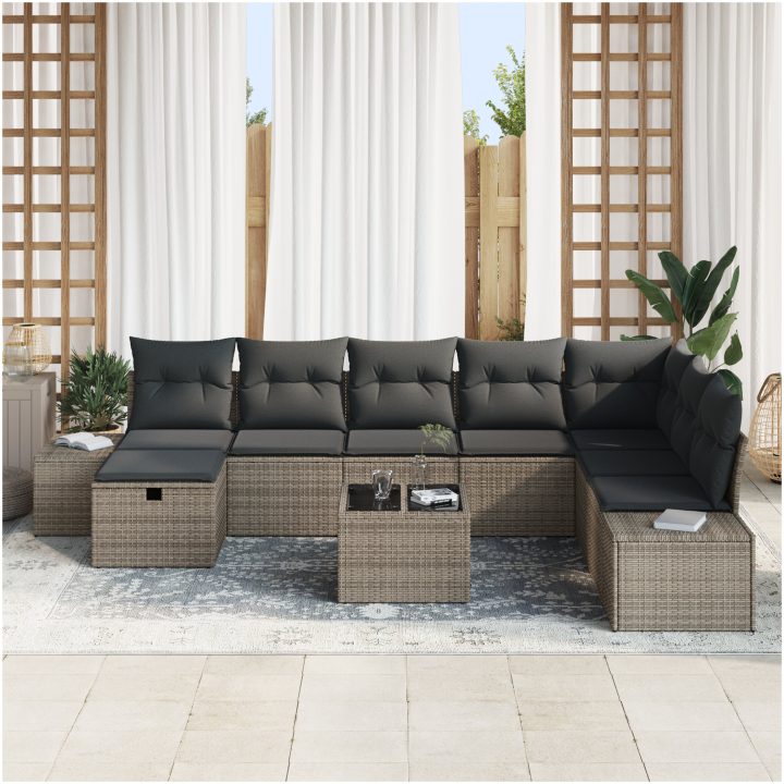 9 Delat Trädgårdsoffaset med Kuddar Grå Poly Rottning vidaXL 55 x 62 x 69 cm – bild 3