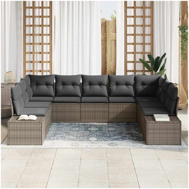 9-delat trädgårdsoffaset med kuddar - Grå polyrotting vidaXL 289 x 209 x 69 cm – bild 3