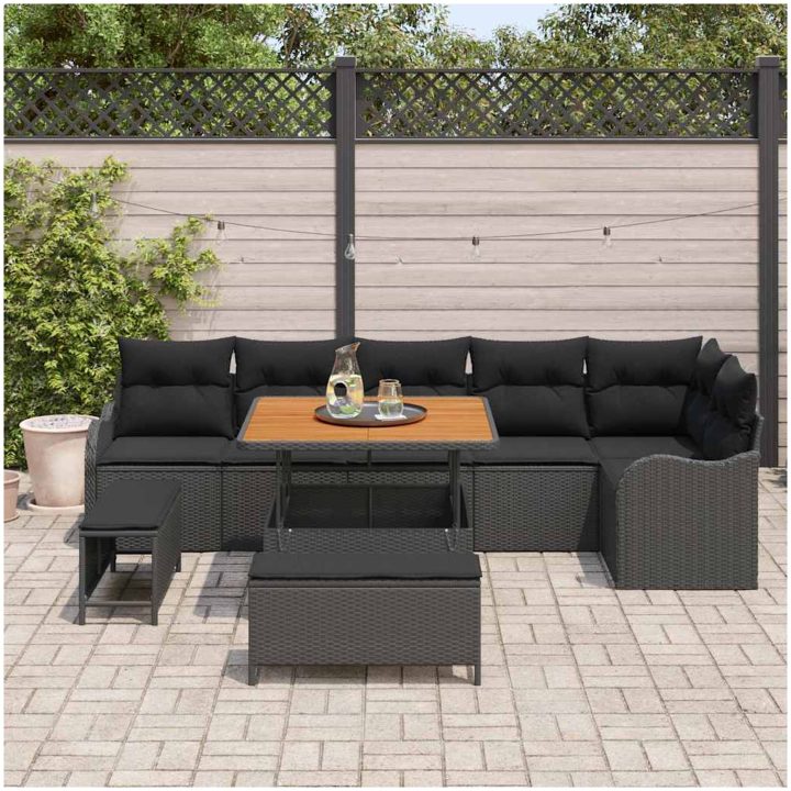 9 Delat Trädgårdsoffaset med Kuddar Svart Poly Rattan Acacia vidaXL Medium – bild 3