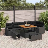 9 Delat Trädgårdsoffaset med Kuddar Svart Poly Rattan Acacia vidaXL