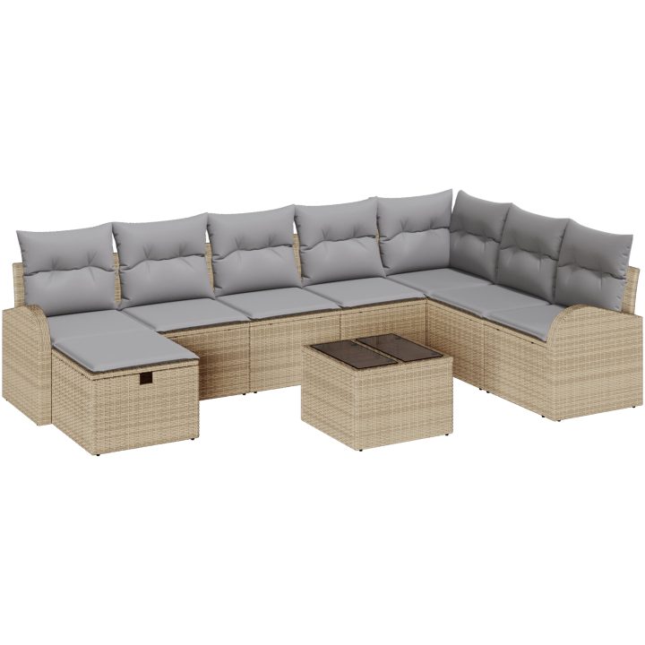 9-delat trädgårdsoffasett med kuddar beige poly-rotting vidaXL 289 x 179 x 85 cm – bild 2