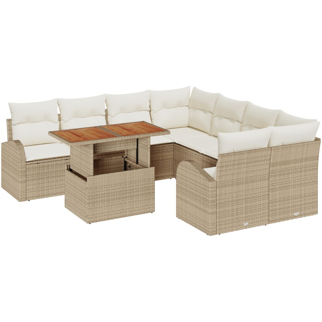 9-delat trädgårdsoffavsett med kuddar beige poly rotting vidaXL Stor – bild 2