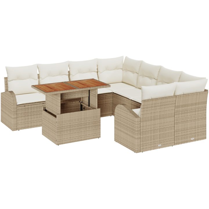 9-delat trädgårdsoffavsett med kuddar beige poly rotting vidaXL Stor – bild 2