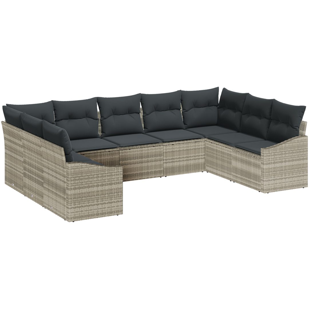 9-delat Trädgårdsoffor Set med Kuddar Ljusgrå Poly Rottning vidaXL 289 x 178.5 x 85 cm – bild 2