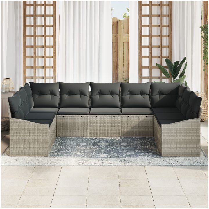 9-delat Trädgårdsoffor Set med Kuddar Ljusgrå Poly Rottning vidaXL 289 x 178.5 x 85 cm – bild 3