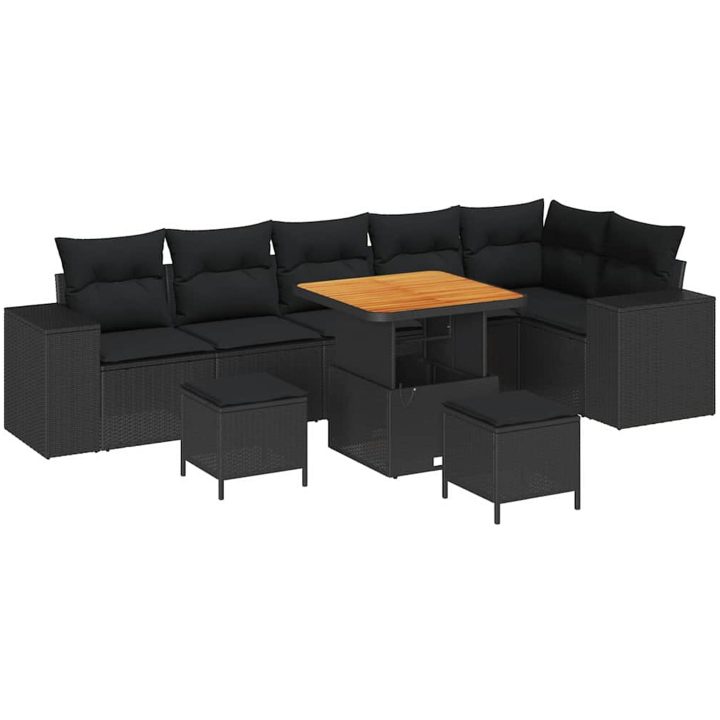9-delat trädgårdsoffset med dynor svart Poly Rattan Akacia vidaXL Stor – bild 2