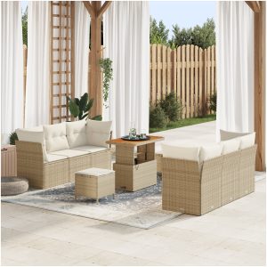 9-delat trädgårdsoffset med kuddar beige poly rattan akacia vidaXL