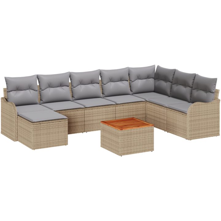 9-delat trädgårdsoffset med kuddar beige poly rattan akacia vidaXL Stor – bild 2