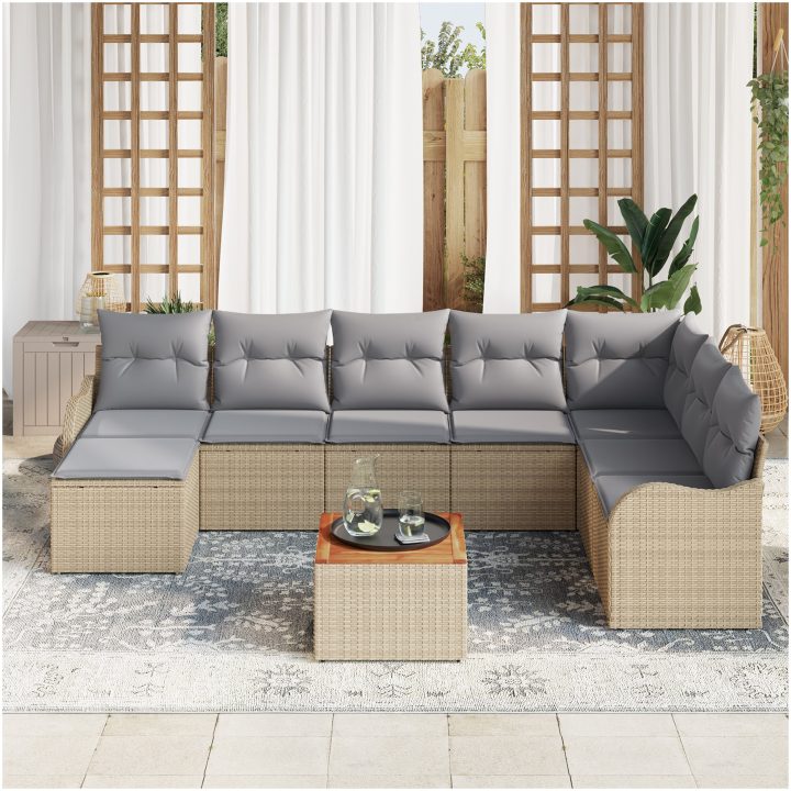 9-delat trädgårdsoffset med kuddar beige poly rattan akacia vidaXL Stor – bild 3