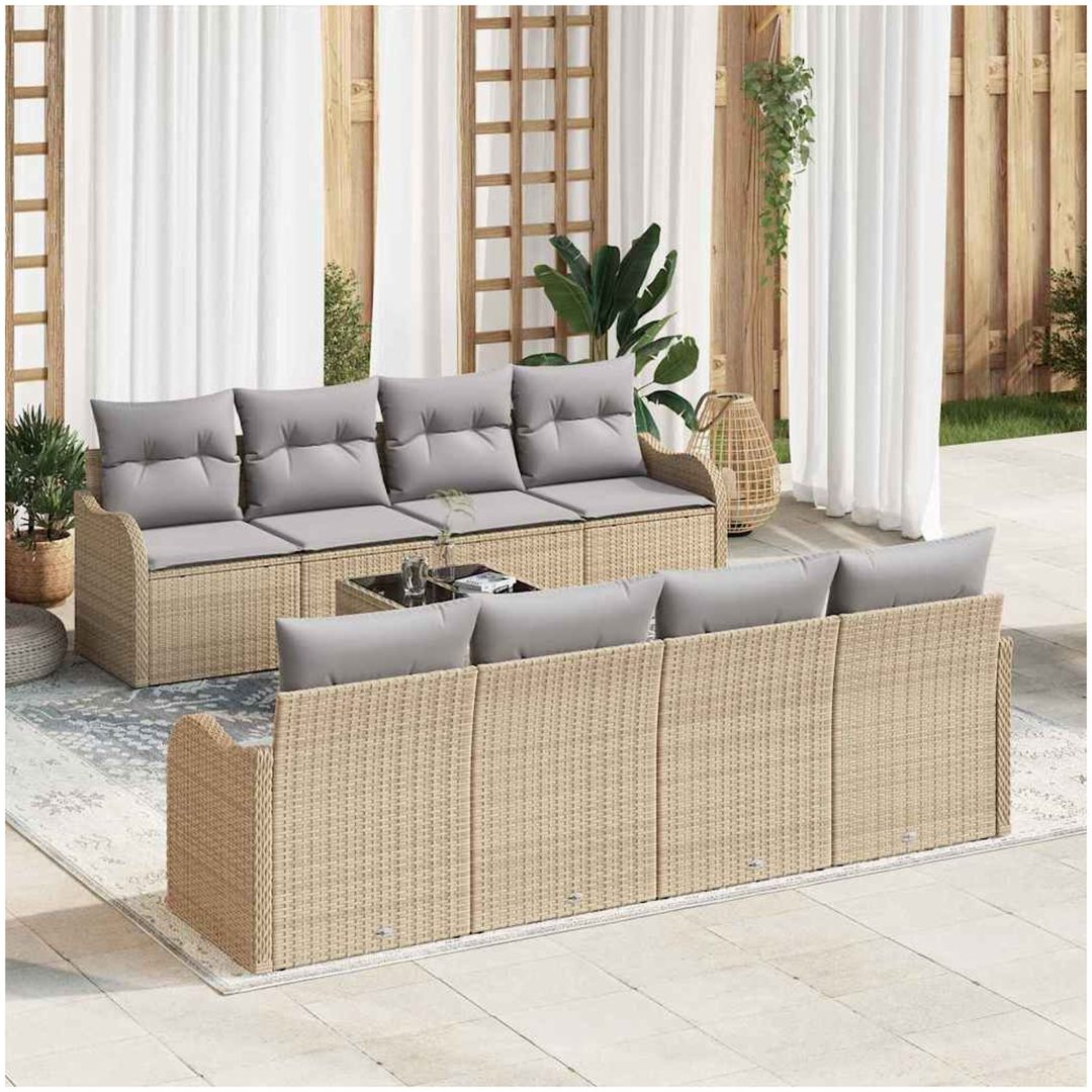 9-delat trädgårdsoffset med kuddar Beige Poly Rattan vidaXL Large