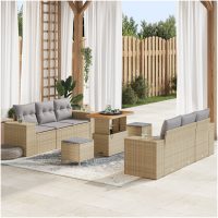 9-delat trädgårdsoffset med kuddar beige poly rotting vidaXL