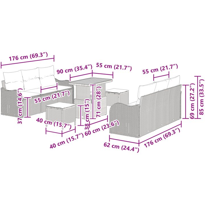9-delat trädgårdsoffset med kuddar Beige Polyrotting Akacia vidaXL Stor – bild 12