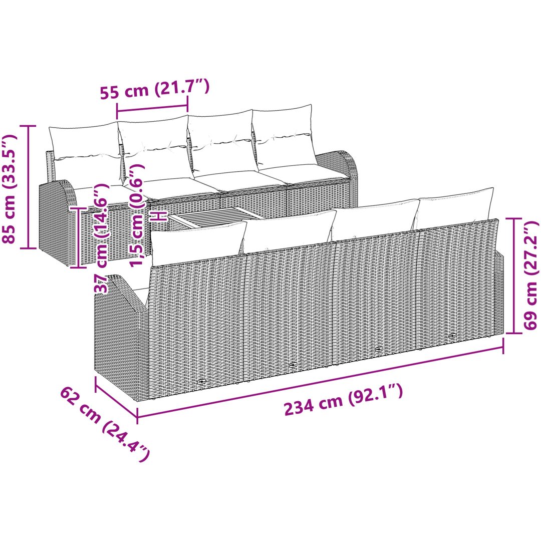 9-delat trädgårdsoffset med kuddar grå poly rattan akacia vidaXL 55 x 55 x 37 cm – bild 11