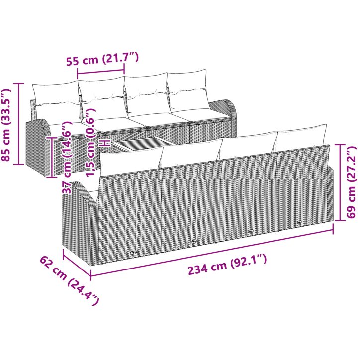 9-delat trädgårdsoffset med kuddar grå poly rattan akacia vidaXL 55 x 55 x 37 cm – bild 11