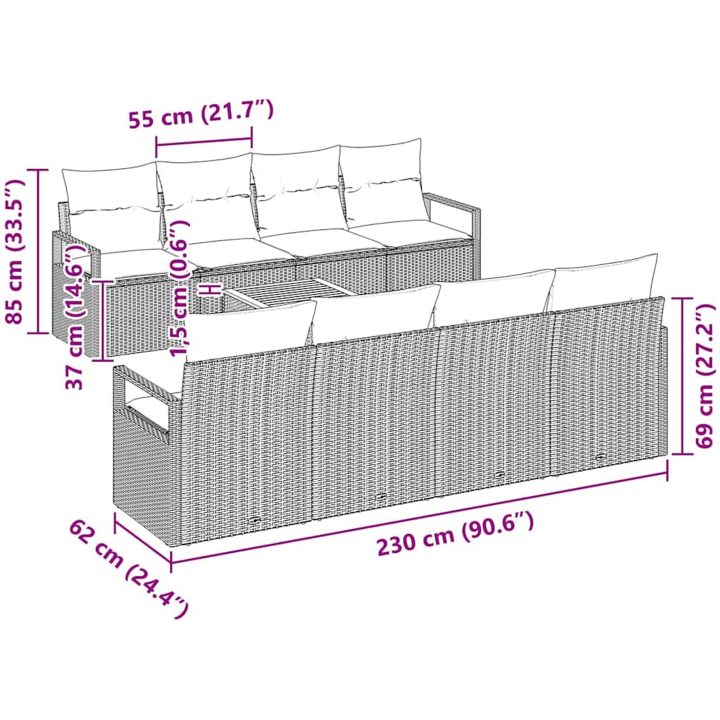 9-delat Trädgårdsoffset med kuddar i beige poly-rattan vidaXL Stor – bild 8