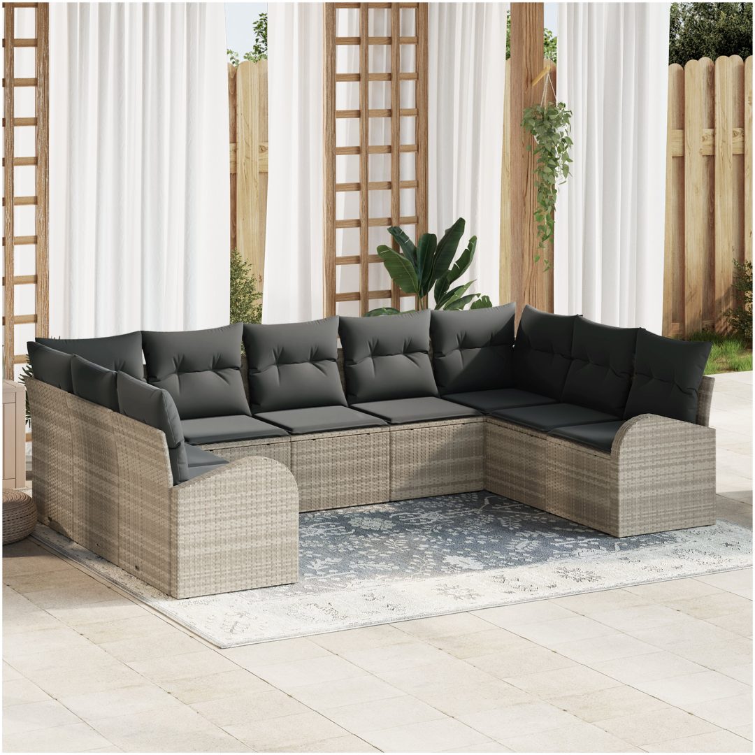 9-delat Trädgårdsoffset med Kuddar Ljusgrå Poly Rattan vidaXL 289 x 179 x 85 cm
