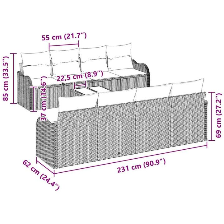 9-delat Trädgårdsoffset med Kuddar Svart Poly Rattan vidaXL Standard – bild 11