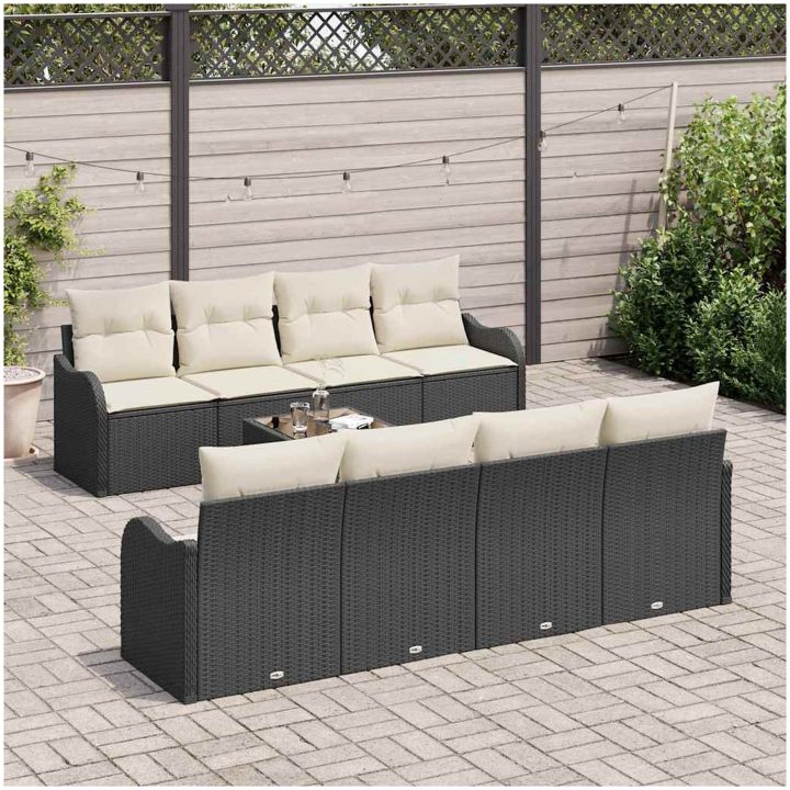 9-delat Trädgårdsoffset med Kuddar Svart Poly Rattan vidaXL Standard – bild 3