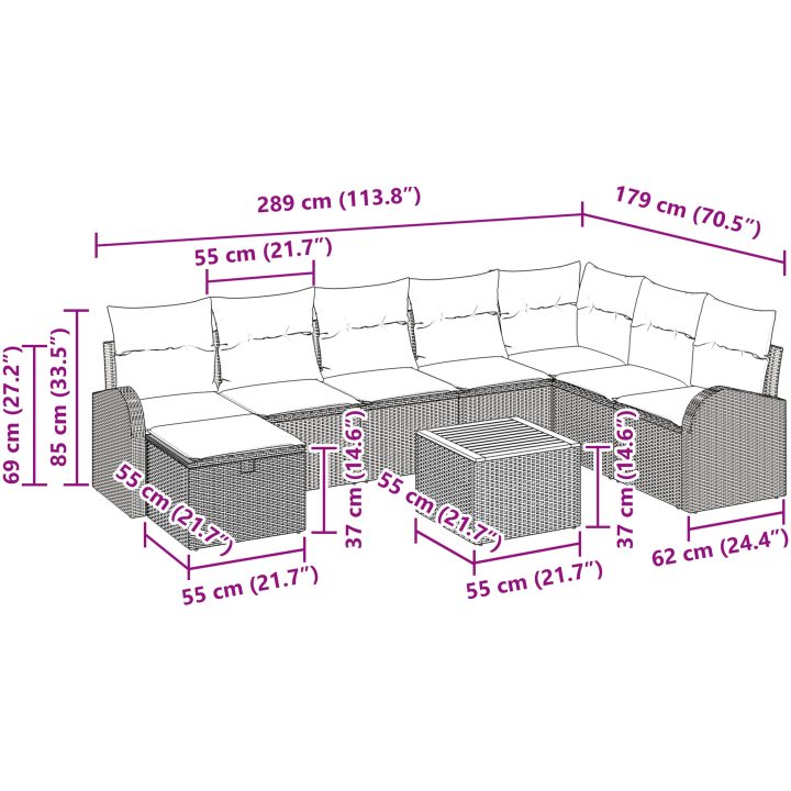 9-delat trädgårdsofset med kuddar beige poly rattan vidaXL 55 x 55 x 37 cm – bild 11